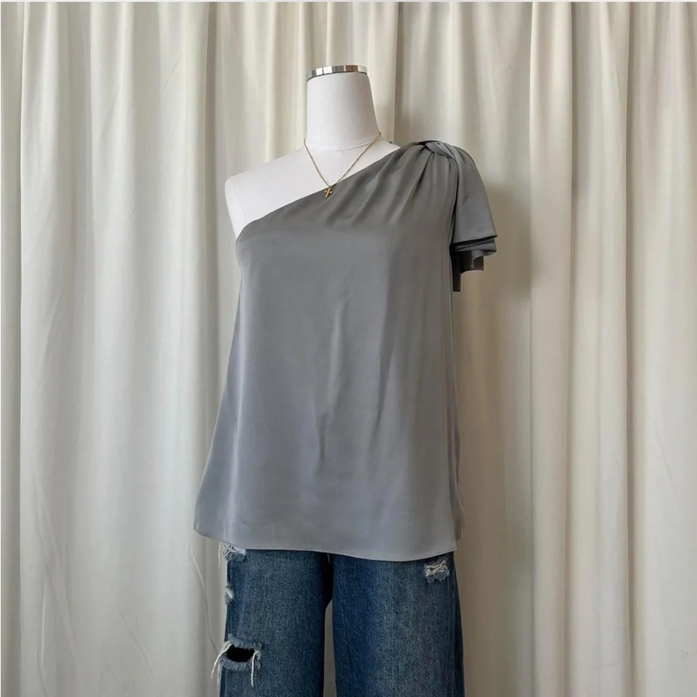 Milly Cindy One-Shoulder Stretch Silk Top in gray size Large. - Picture 7 of 14
